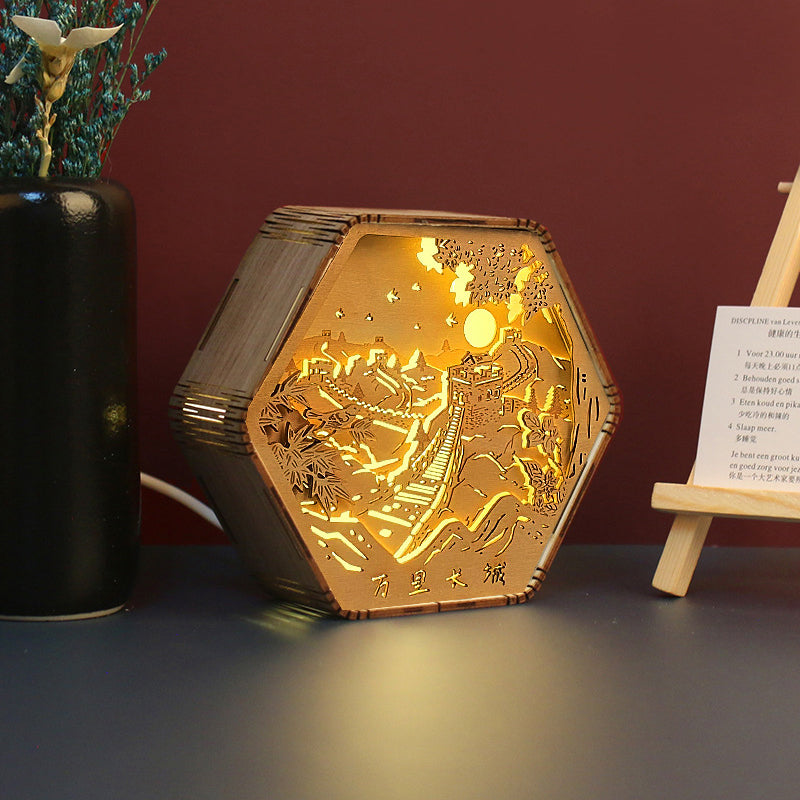 Wooden Carving Hexagonal Frame Table Lamp