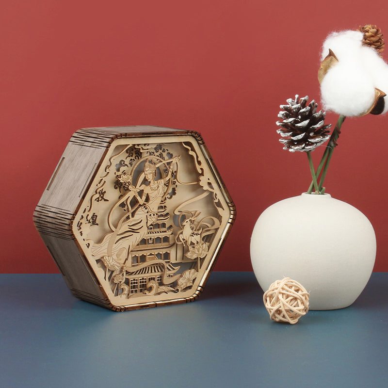 Wooden Carving Hexagonal Frame Table Lamp