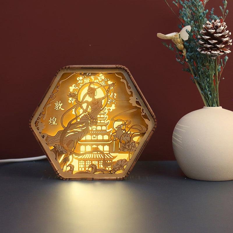 Wooden Carving Hexagonal Frame Table Lamp