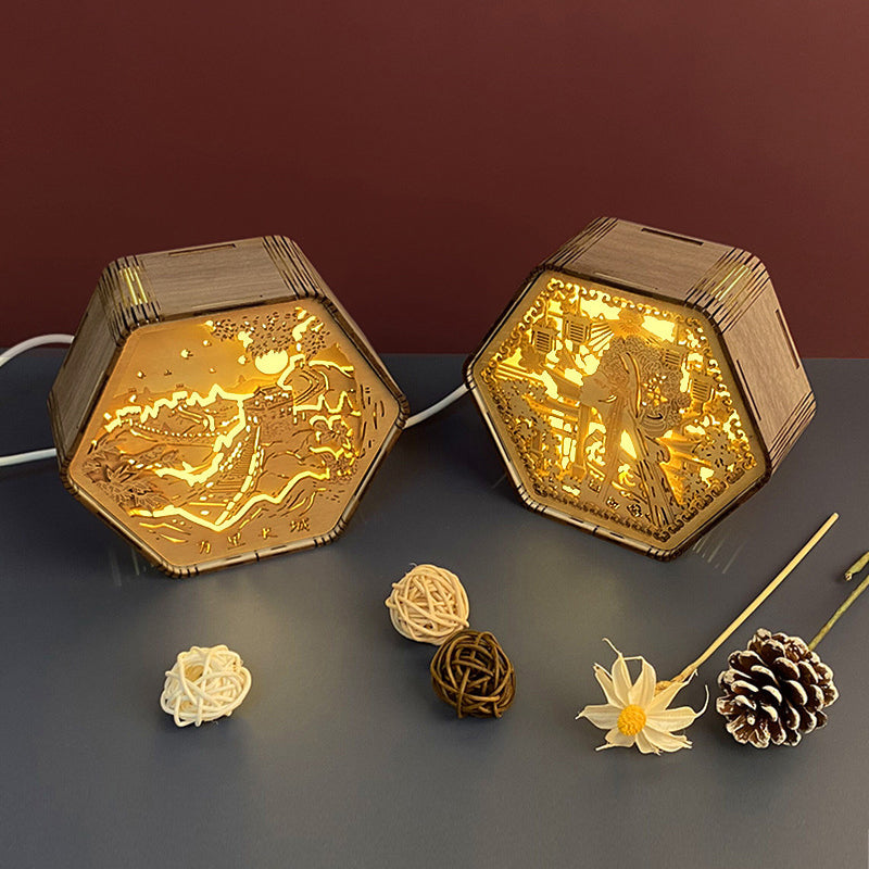Wooden Carving Hexagonal Frame Table Lamp