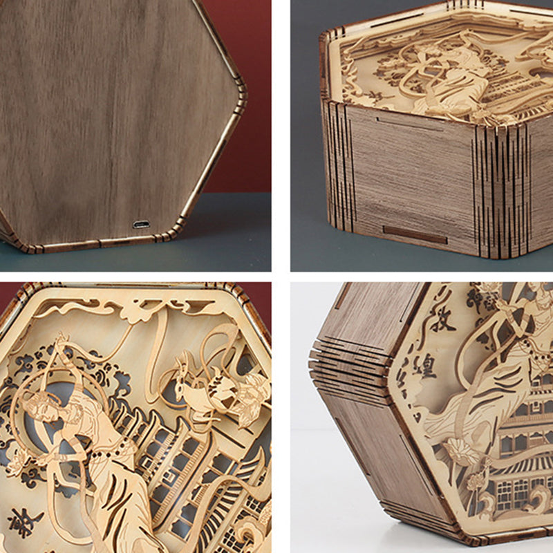 Wooden Carving Hexagonal Frame Table Lamp