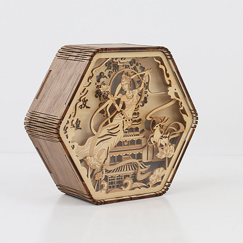 Wooden Carving Hexagonal Frame Table Lamp