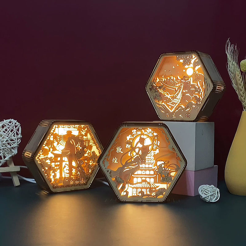 Wooden Carving Hexagonal Frame Table Lamp