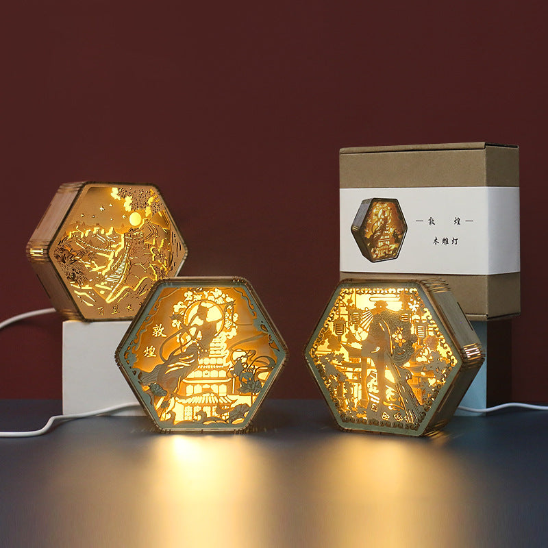 Wooden Carving Hexagonal Frame Table Lamp