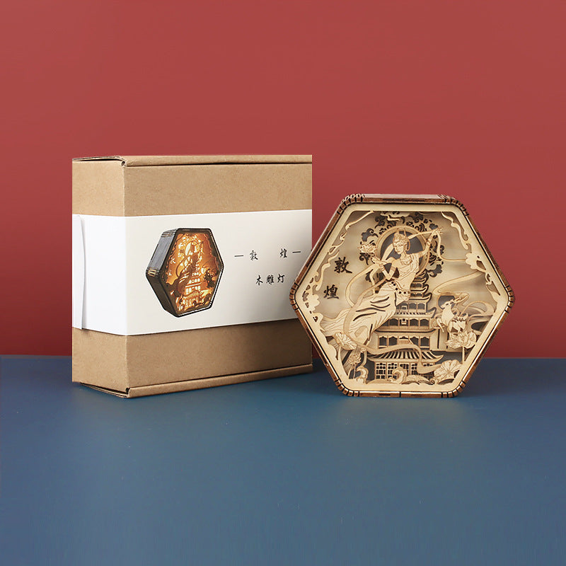 Wooden Carving Hexagonal Frame Table Lamp