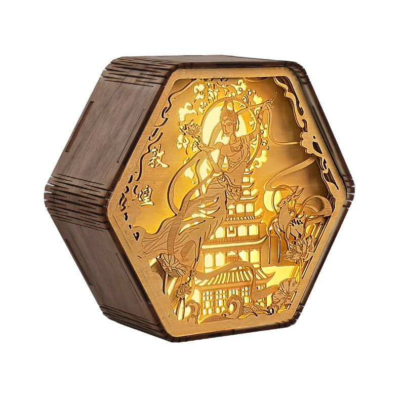 Wooden Carving Hexagonal Frame Table Lamp