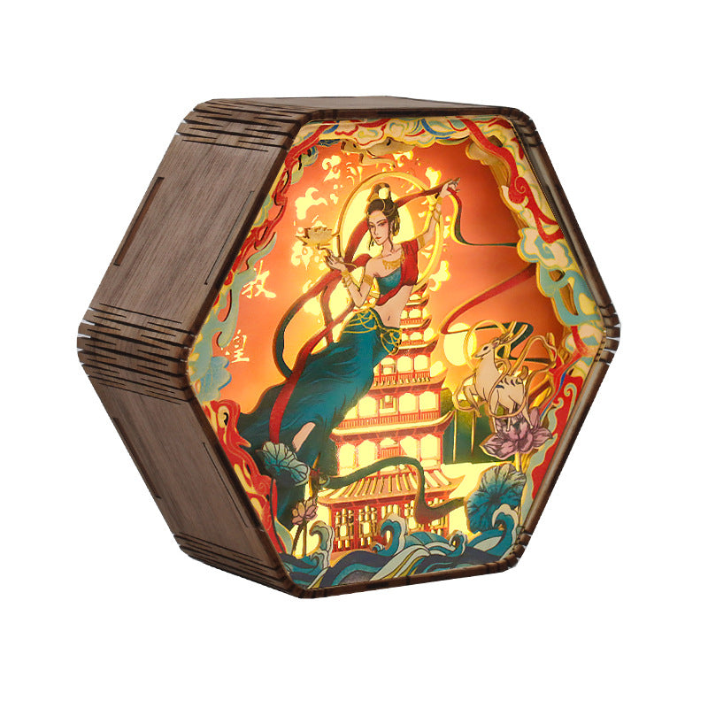 Wooden Carving Hexagonal Frame Table Lamp