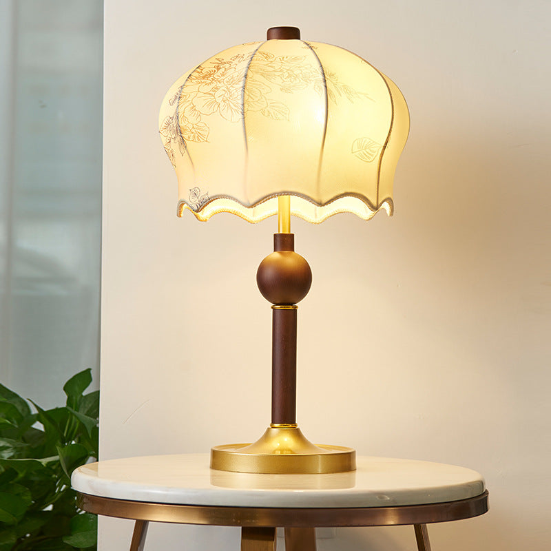 Flower Pattern Fabric Wood 2-Light Table Lamp