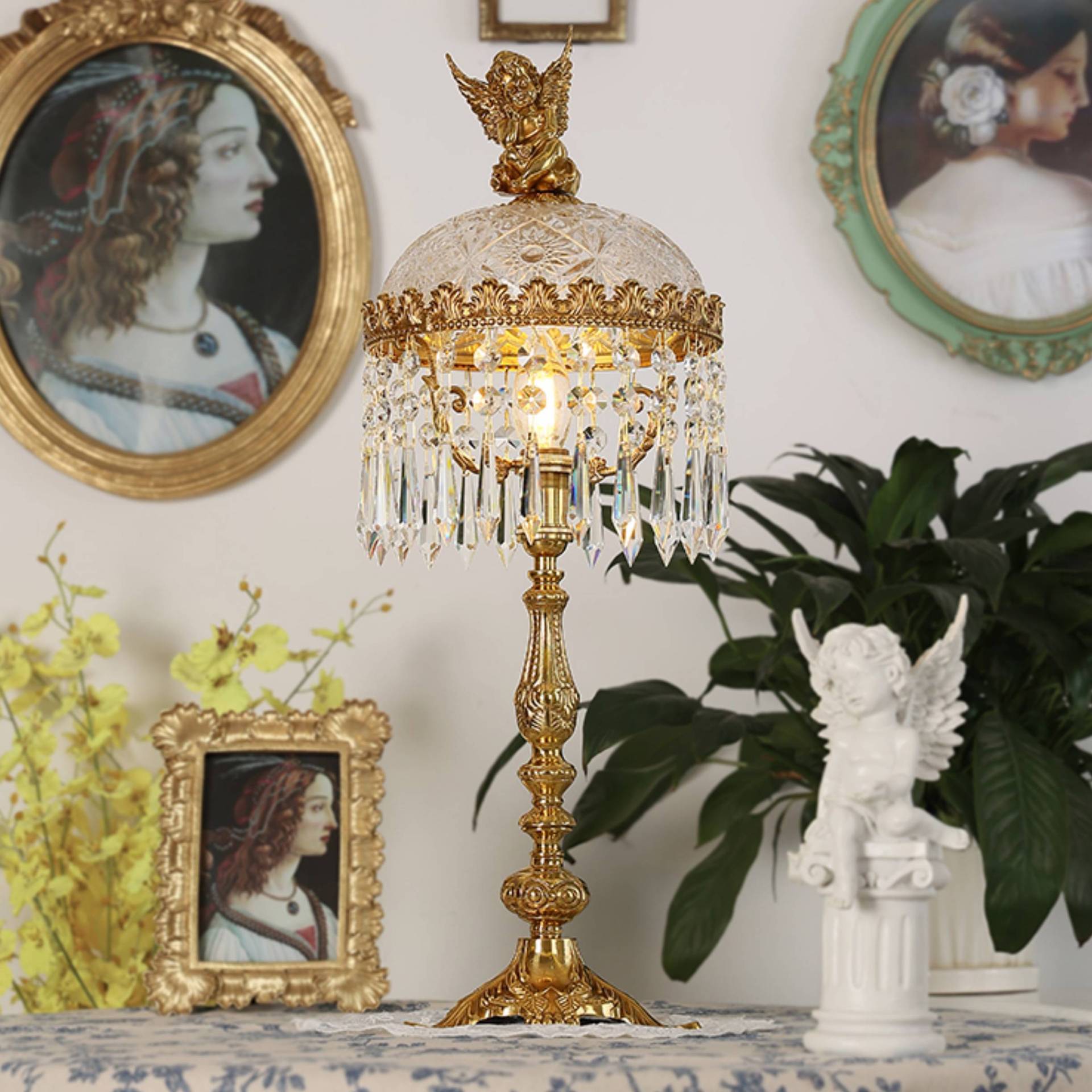 Antique Brass Carved Glass Table Lamp