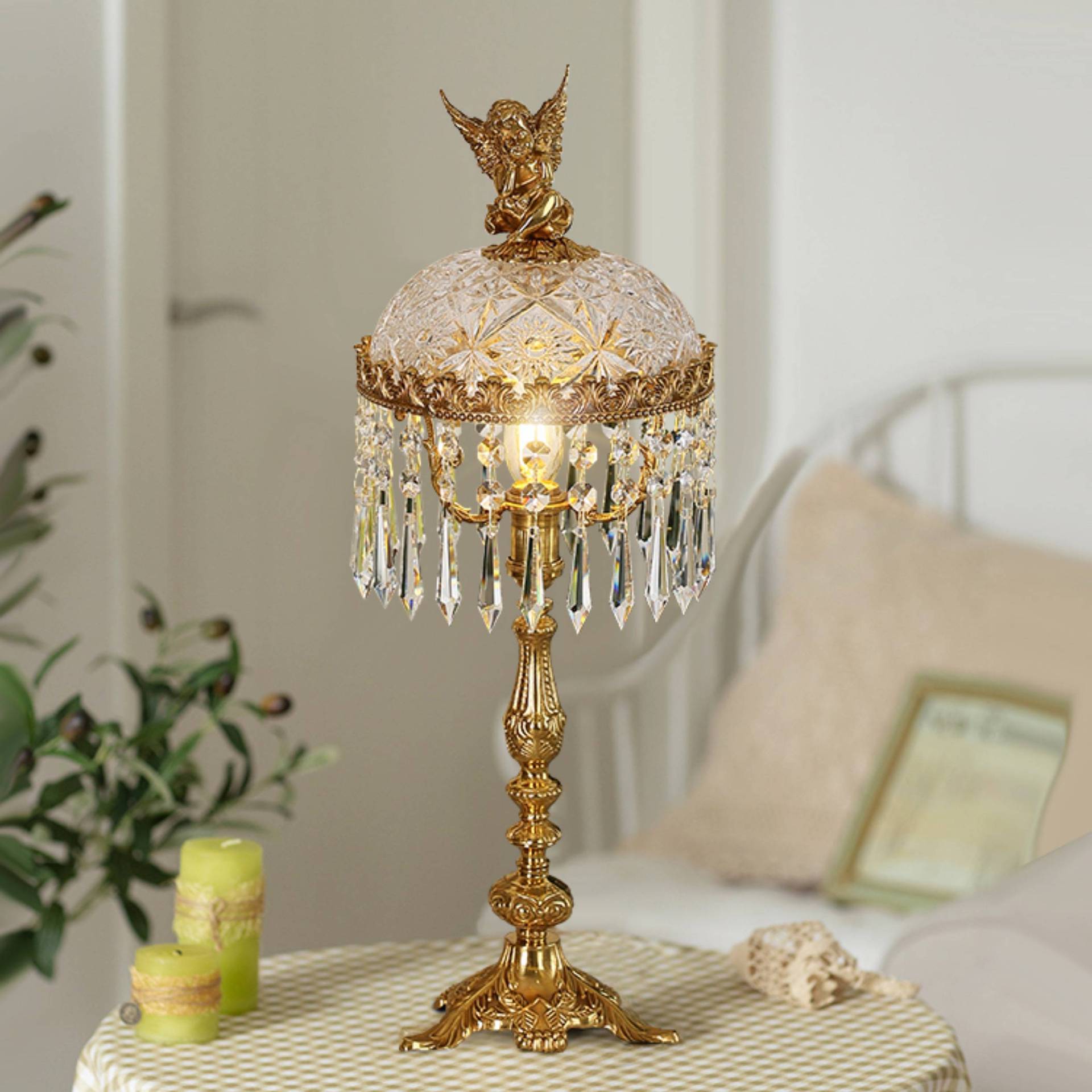 Antique Brass Carved Glass Table Lamp