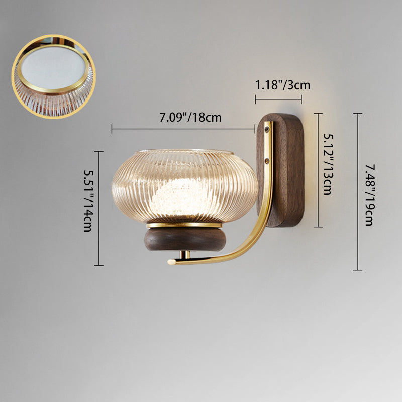 Solid Wood Glass Round Wall Lamp
