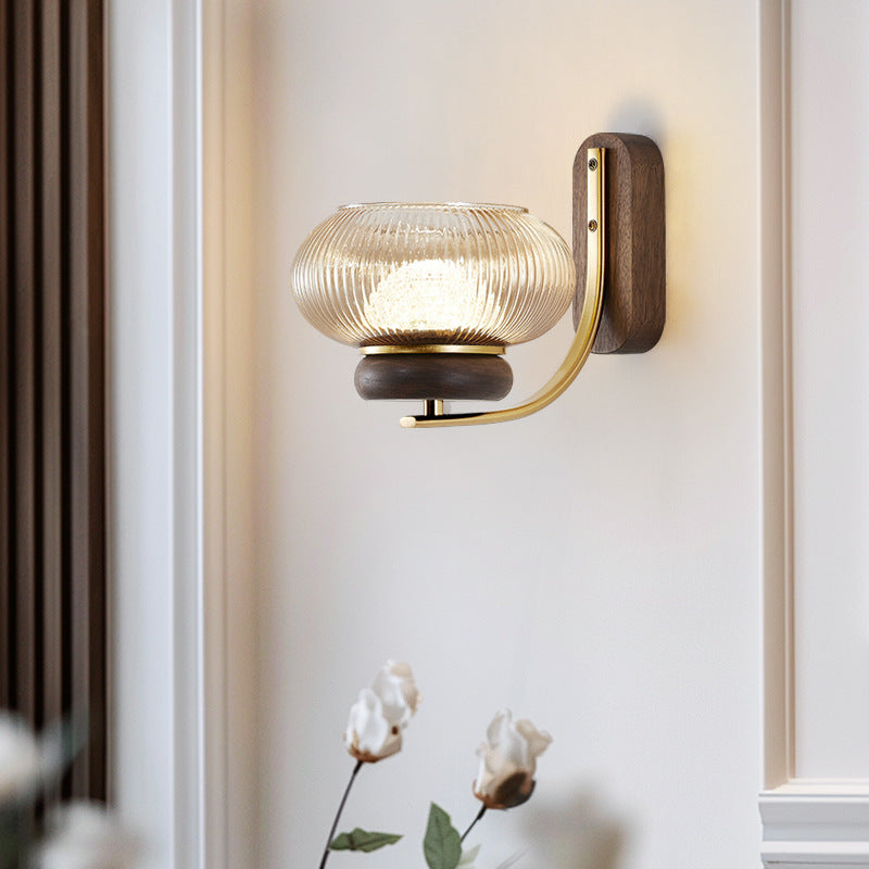 Solid Wood Glass Round Wall Lamp