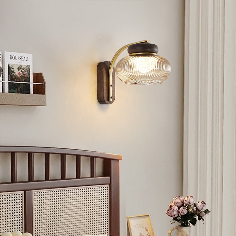 Solid Wood Glass Round Wall Lamp