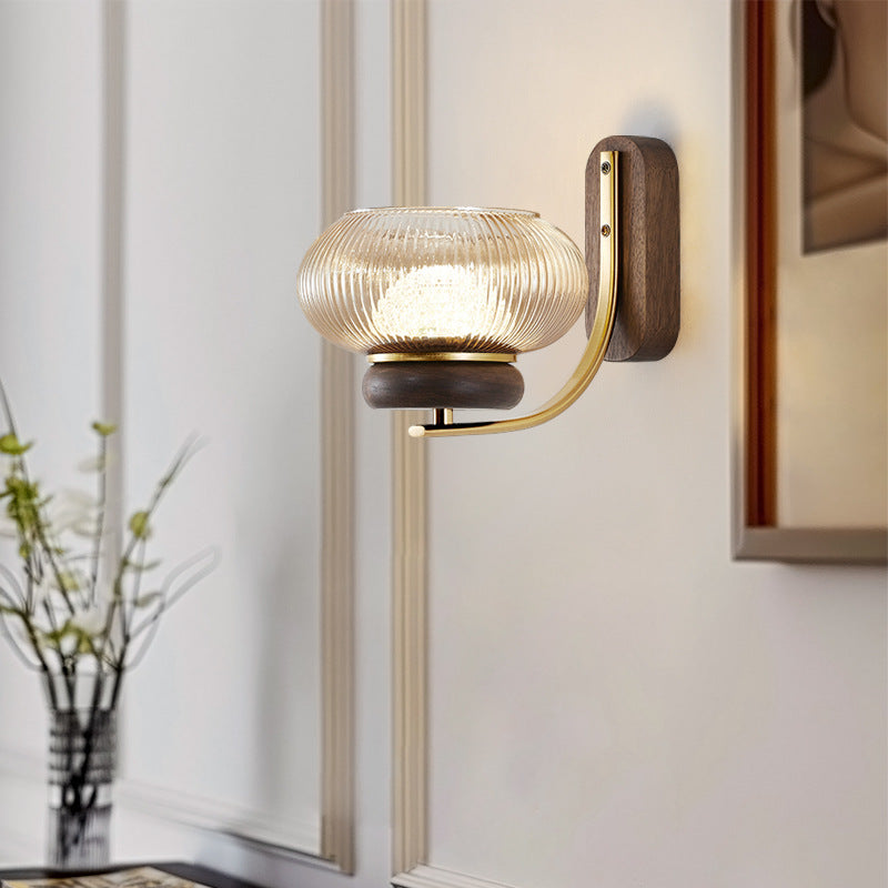Solid Wood Glass Round Wall Lamp