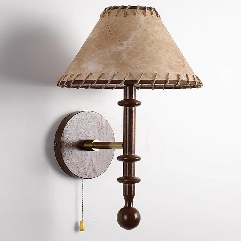 Fabric Conical Ash Wood Wall Lamp
