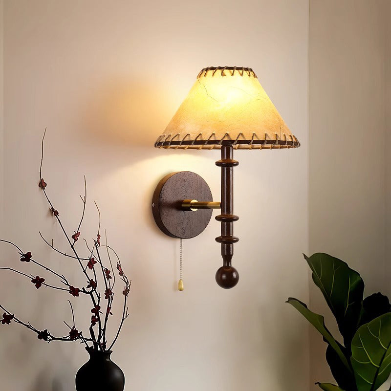 Fabric Conical Ash Wood Wall Lamp
