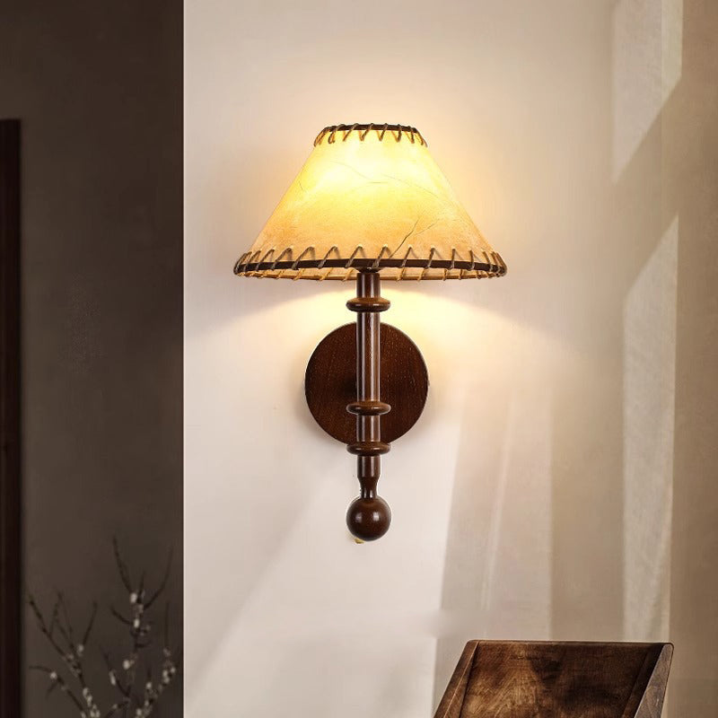 Fabric Conical Ash Wood Wall Lamp