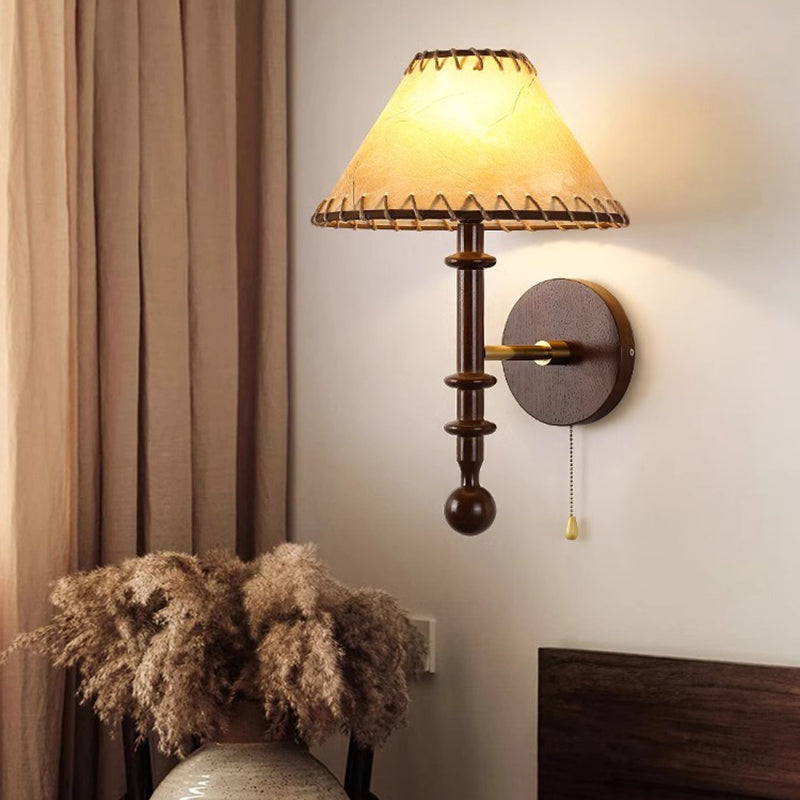 Fabric Conical Ash Wood Wall Lamp