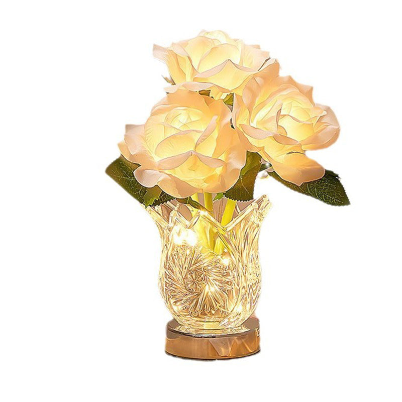 Artificial Rose Flower Glass Table Lamp
