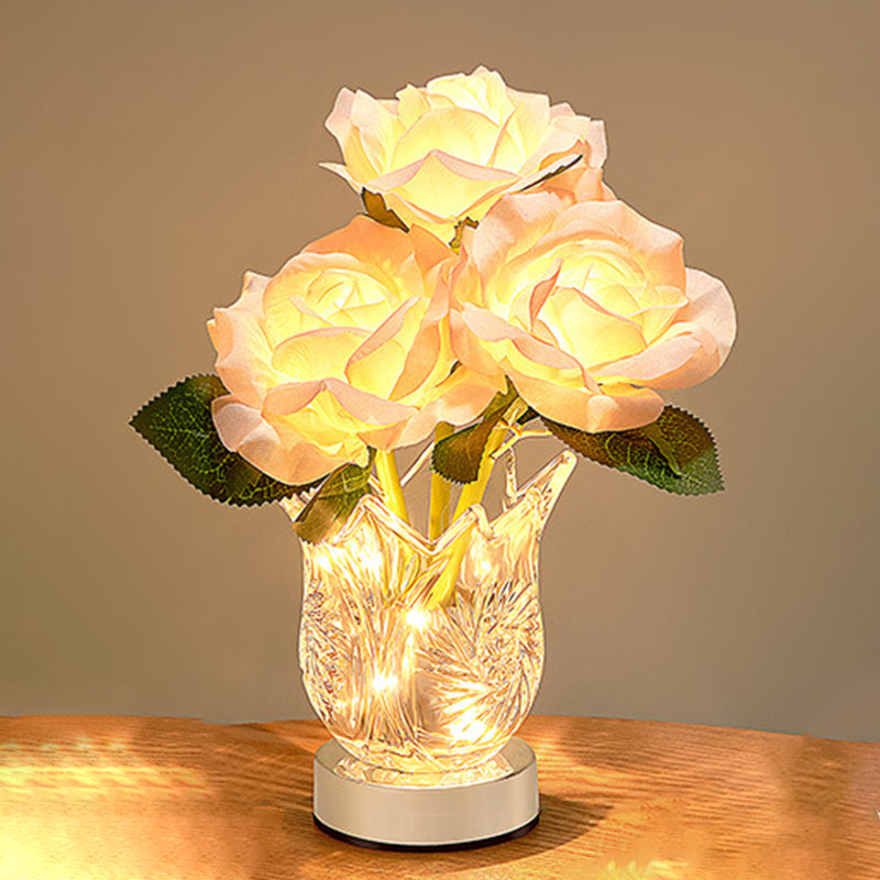Artificial Rose Flower Glass Table Lamp