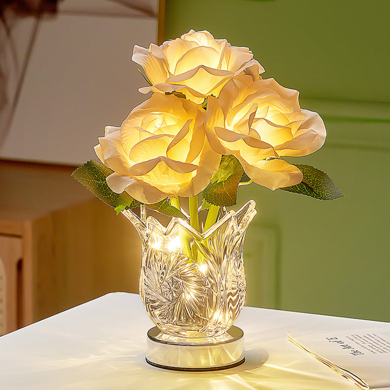 Artificial Rose Flower Glass Table Lamp