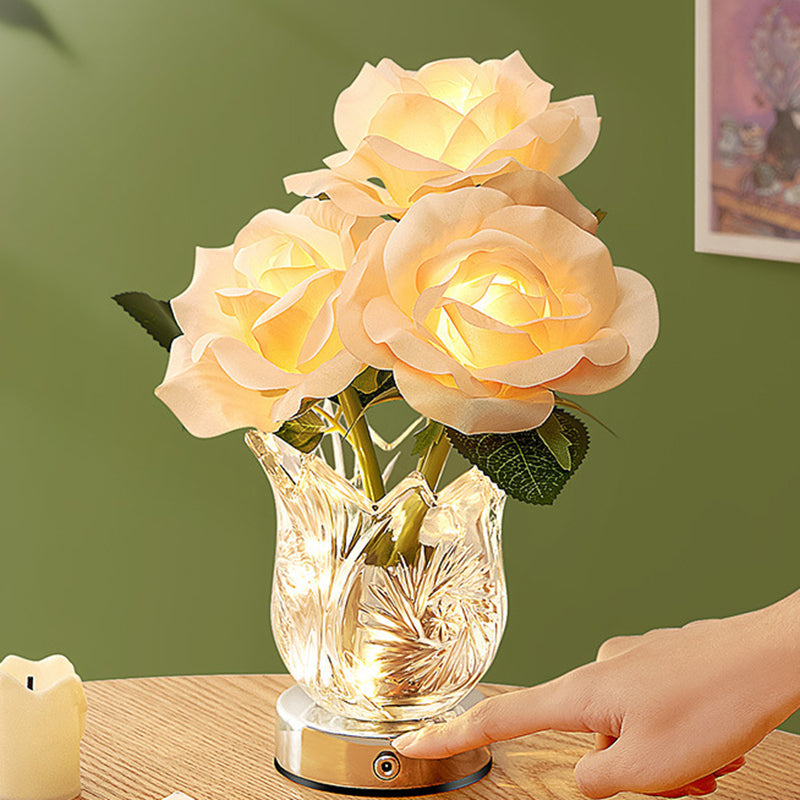 Artificial Rose Flower Glass Table Lamp