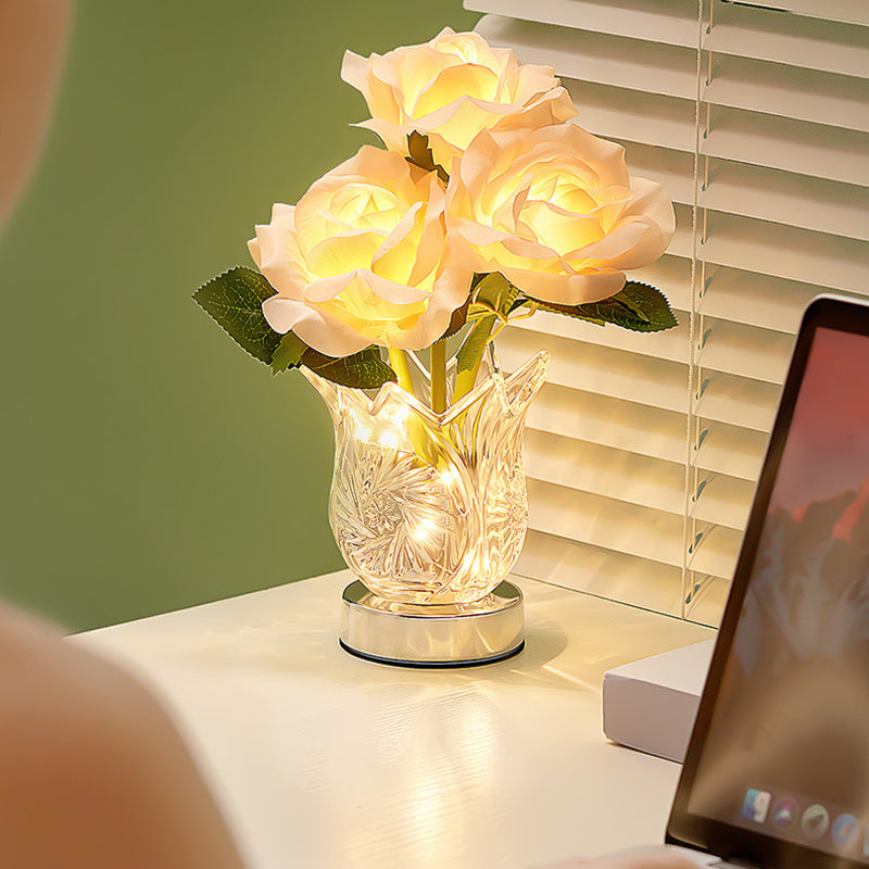 Artificial Rose Flower Glass Table Lamp