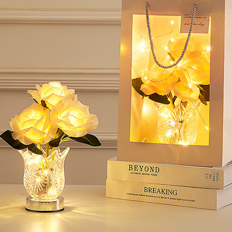 Artificial Rose Flower Glass Table Lamp