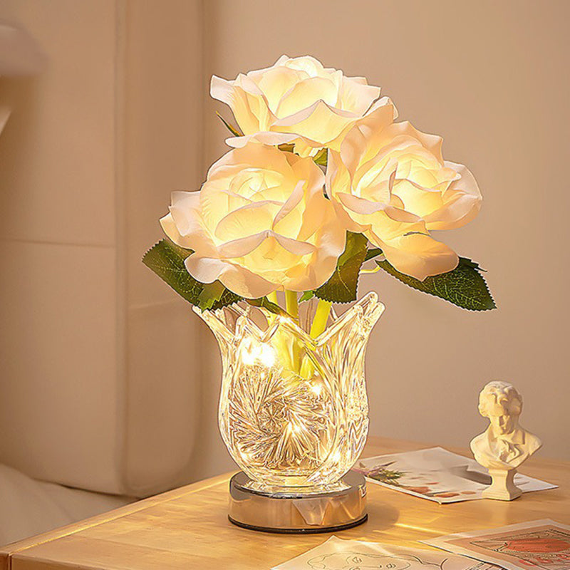 Artificial Rose Flower Glass Table Lamp
