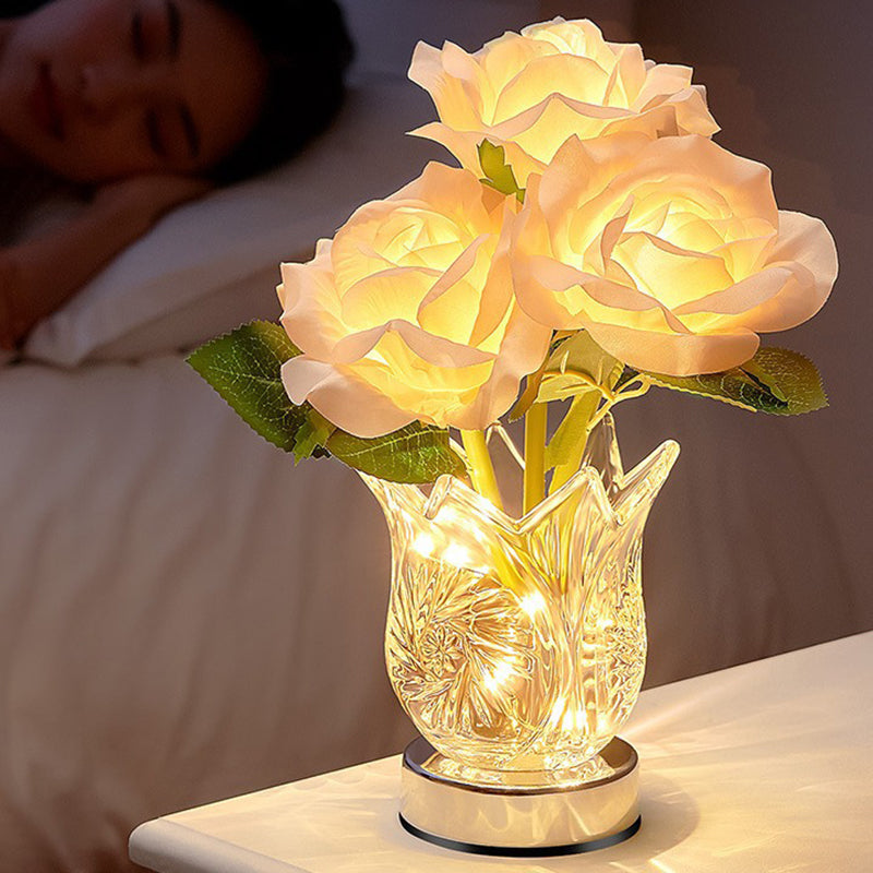 Artificial Rose Flower Glass Table Lamp