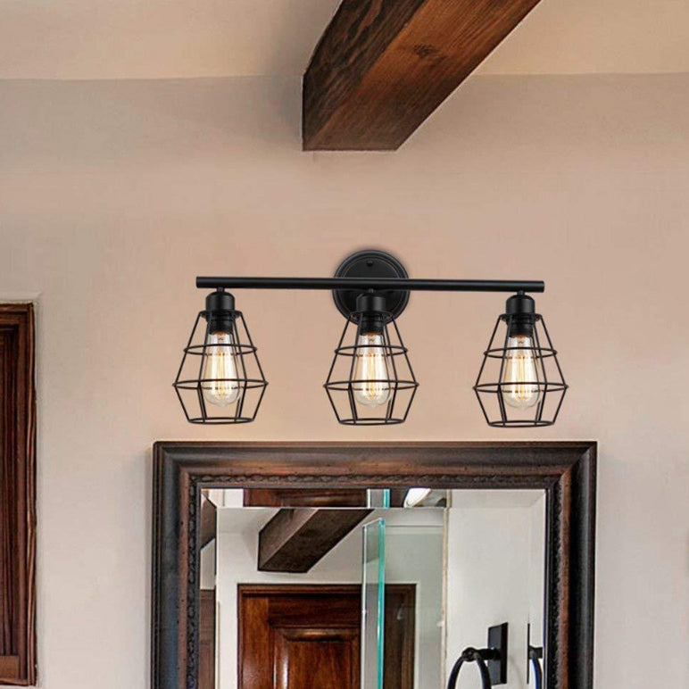Geometrical Iron Frame Mirror 3-Light Wall Lamp