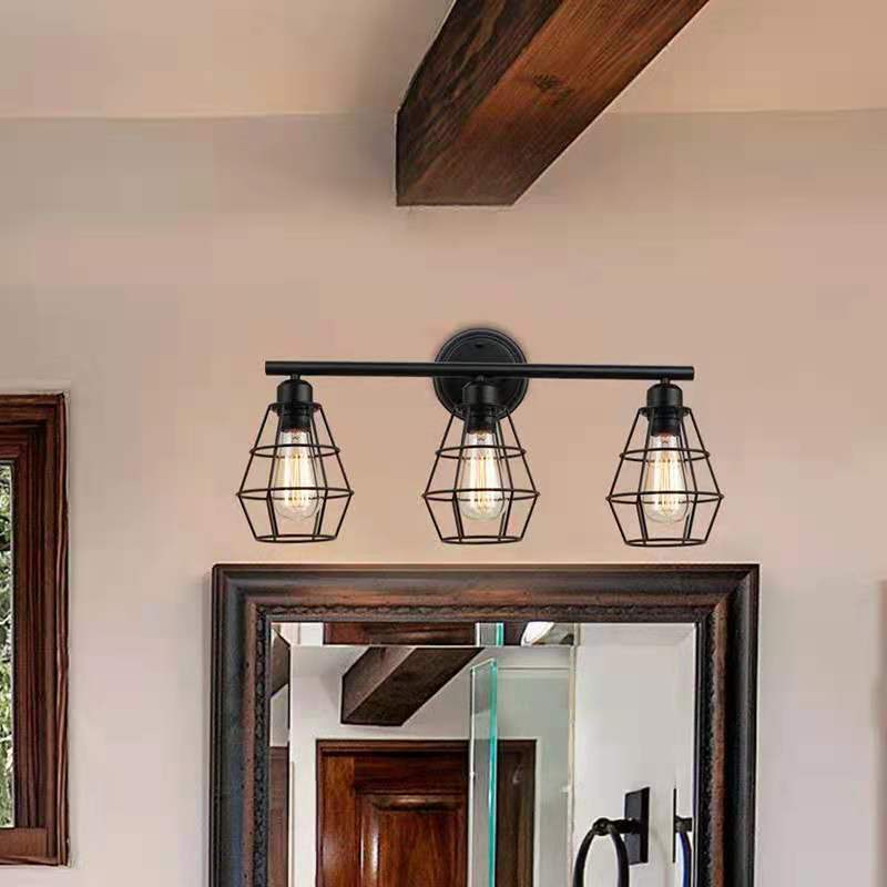 Geometrical Iron Frame Mirror 3-Light Wall Lamp