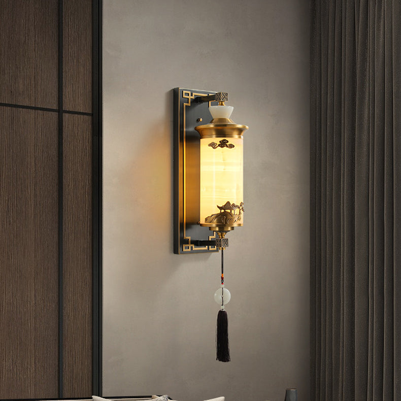 Brass Natural Jade Cylinder Wall Lamp