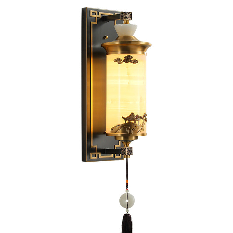 Brass Natural Jade Cylinder Wall Lamp