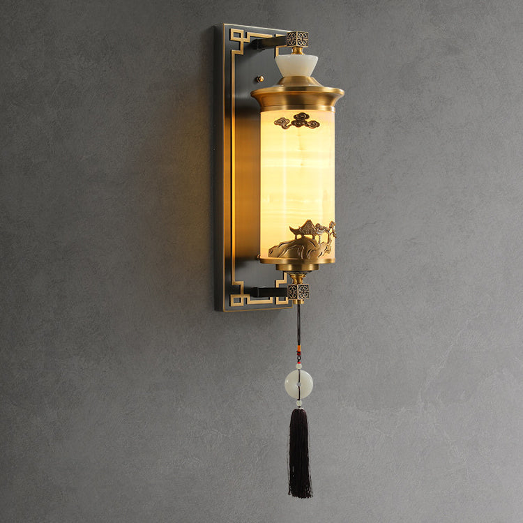 Brass Natural Jade Cylinder Wall Lamp