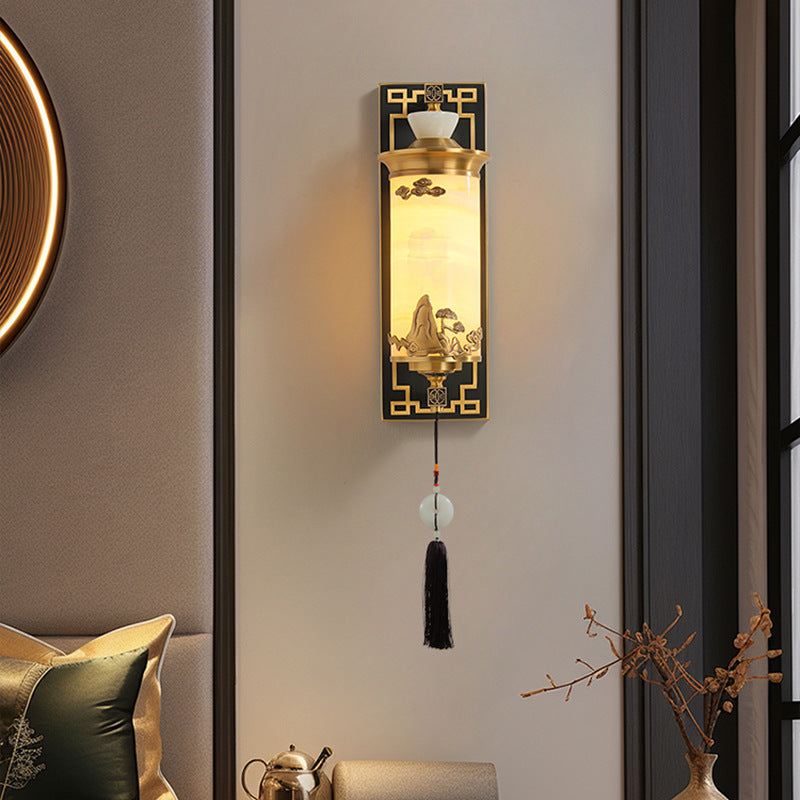 Brass Natural Jade Cylinder Wall Lamp