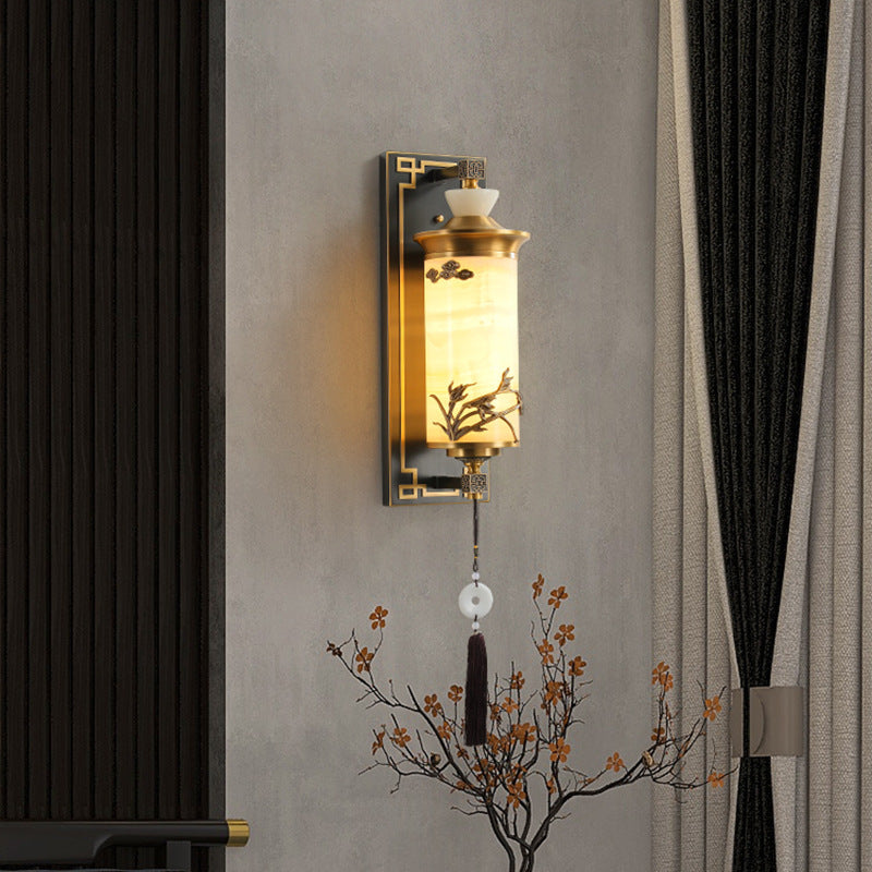 Brass Natural Jade Cylinder Wall Lamp