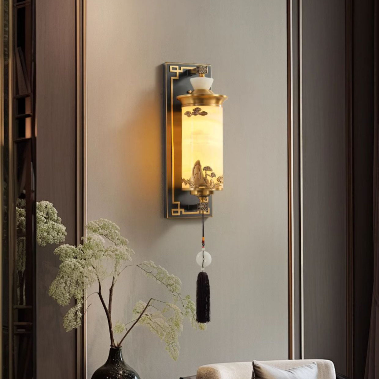 Brass Natural Jade Cylinder Wall Lamp