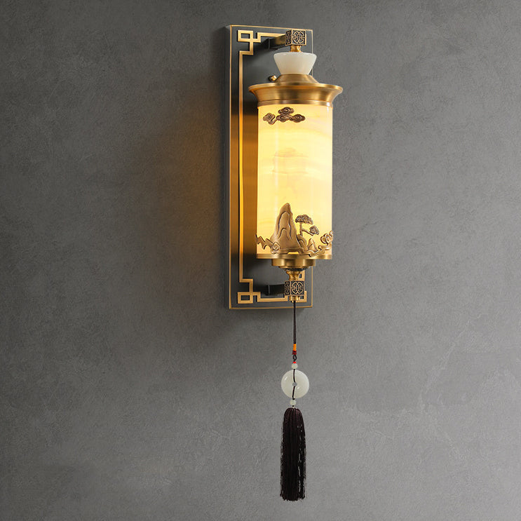 Brass Natural Jade Cylinder Wall Lamp