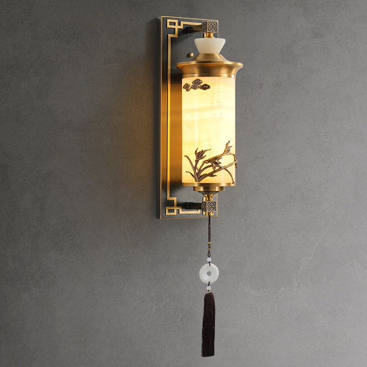 Brass Natural Jade Cylinder Wall Lamp