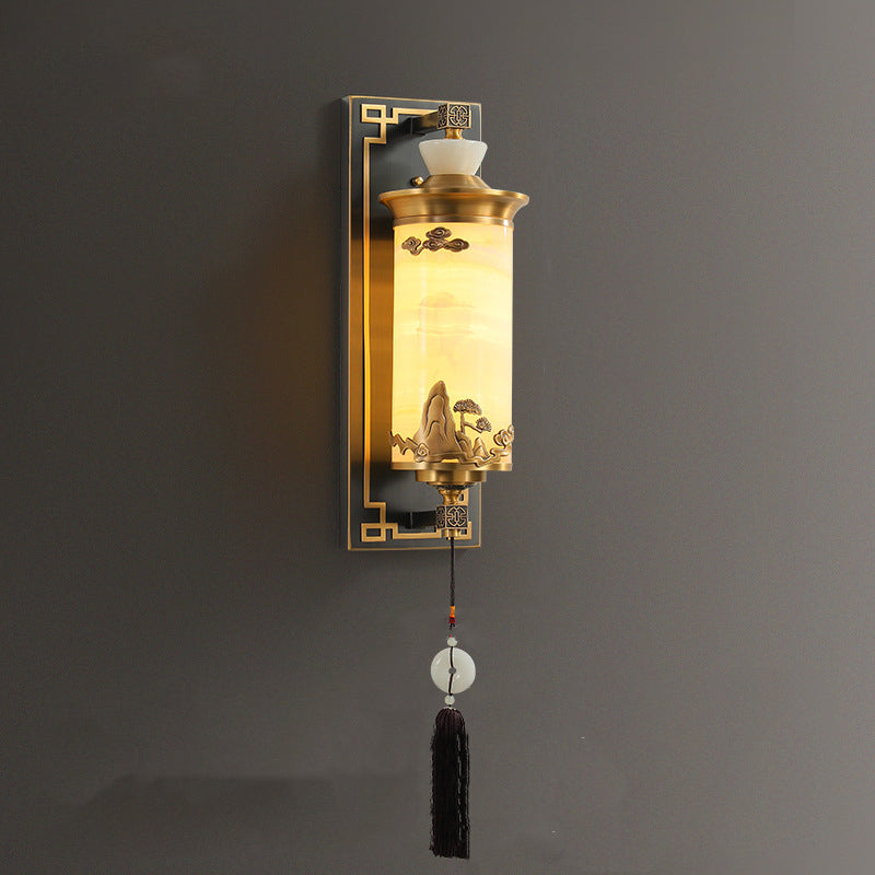 Brass Natural Jade Cylinder Wall Lamp