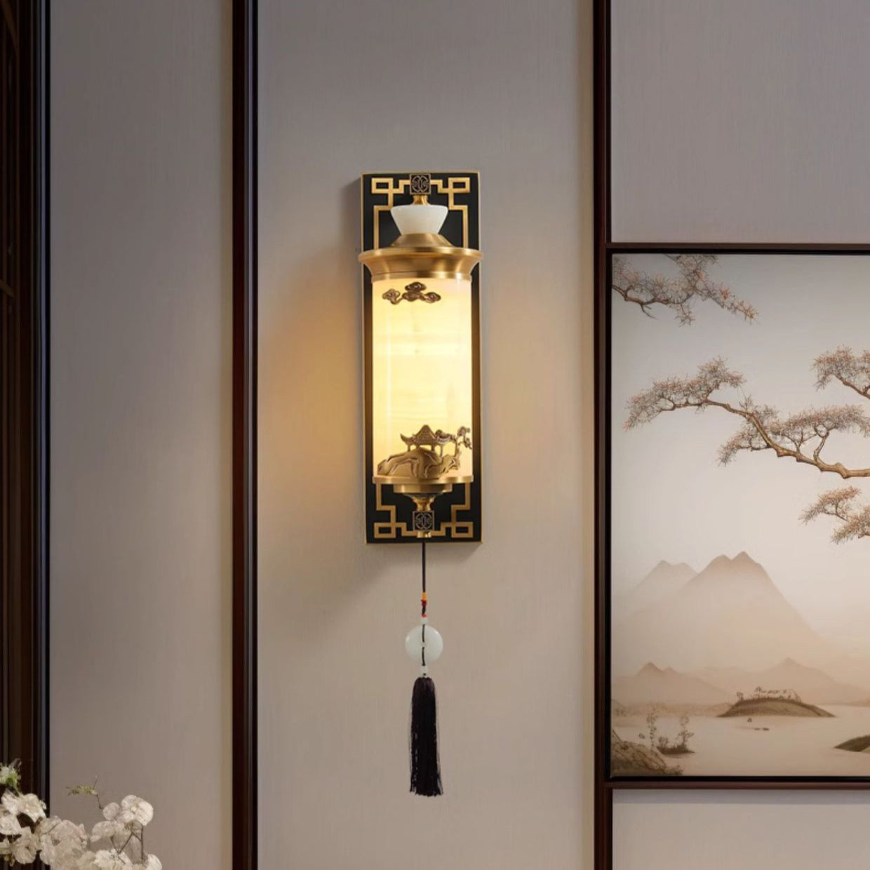 Brass Natural Jade Cylinder Wall Lamp