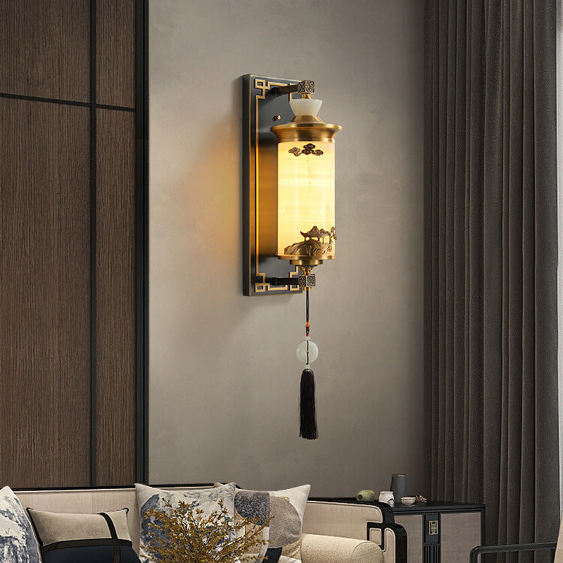 Brass Natural Jade Cylinder Wall Lamp