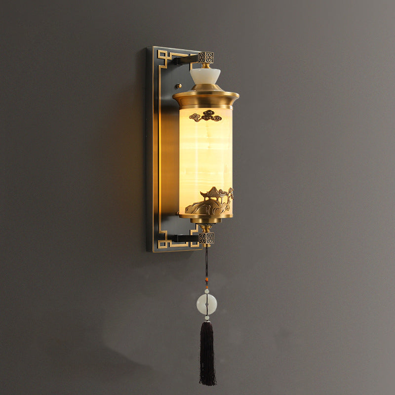 Brass Natural Jade Cylinder Wall Lamp