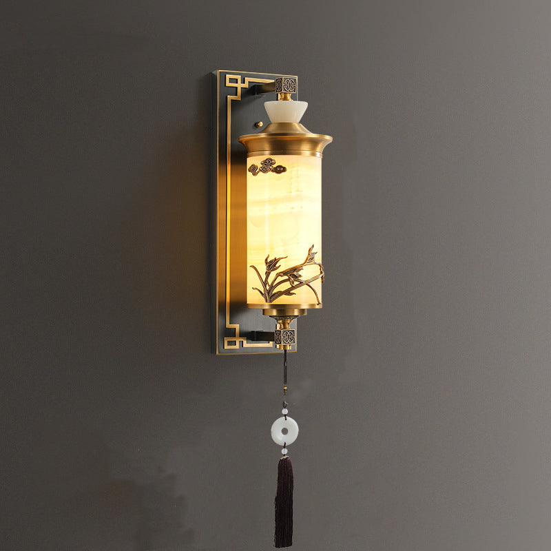 Brass Natural Jade Cylinder Wall Lamp