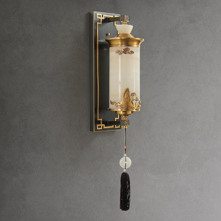 Brass Natural Jade Cylinder Wall Lamp