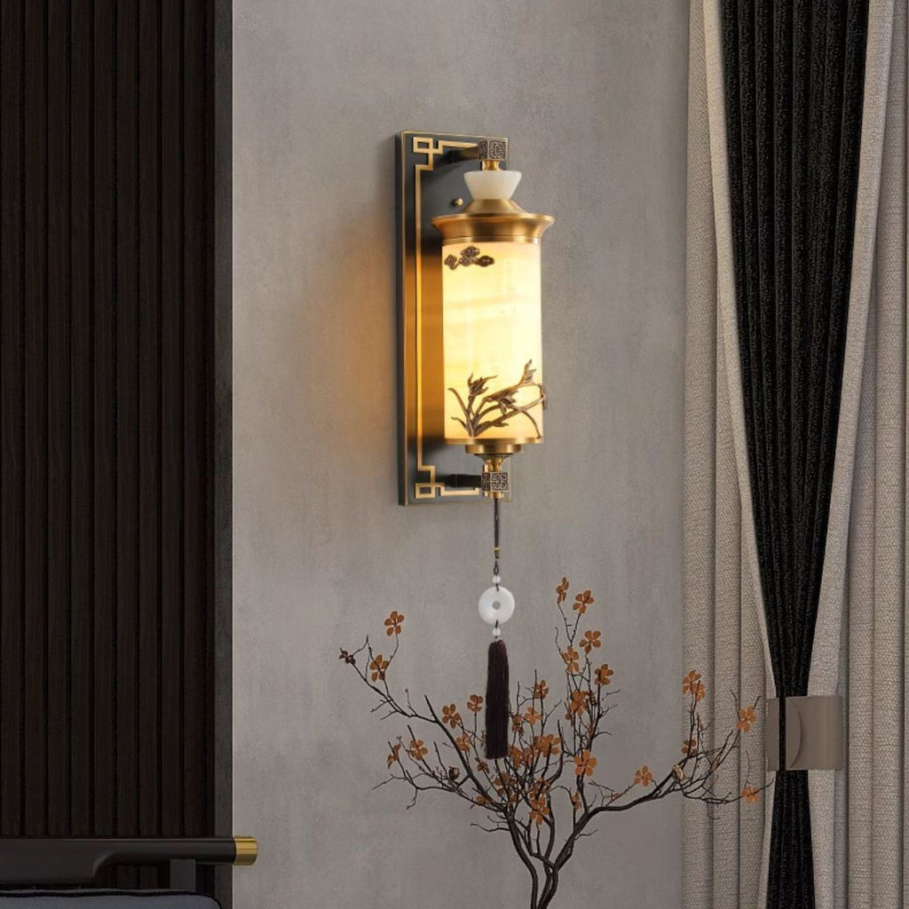Brass Natural Jade Cylinder Wall Lamp