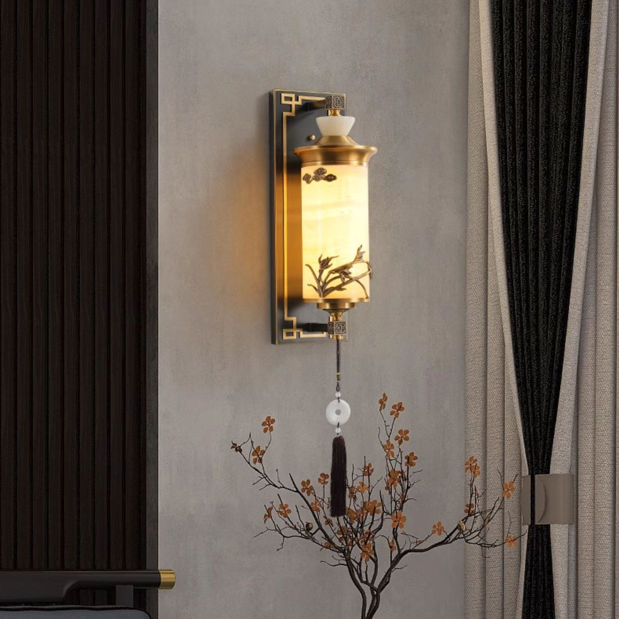 Brass Natural Jade Cylinder Wall Lamp