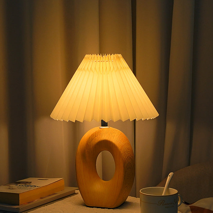 Pleated Fabric Wood Grain Table Lamp