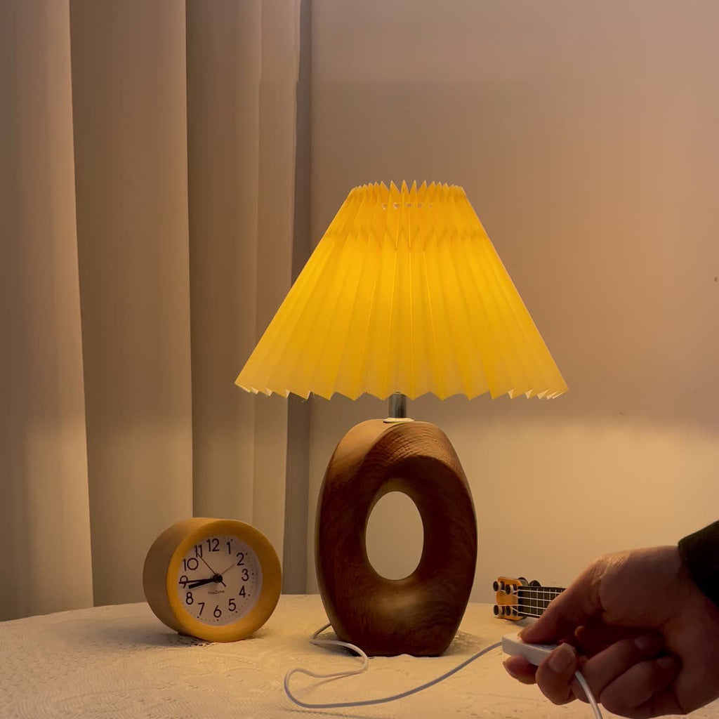 Pleated Fabric Wood Grain Table Lamp